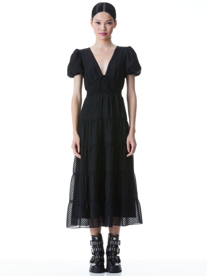 TIA PUFF SLEEVE MIDI DRESS - BLACK