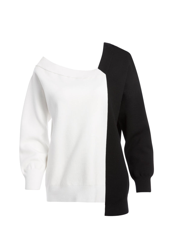 TIFF ASYMMETRICAL V-NECK TUNIC - BLACK/SOFT WHITE