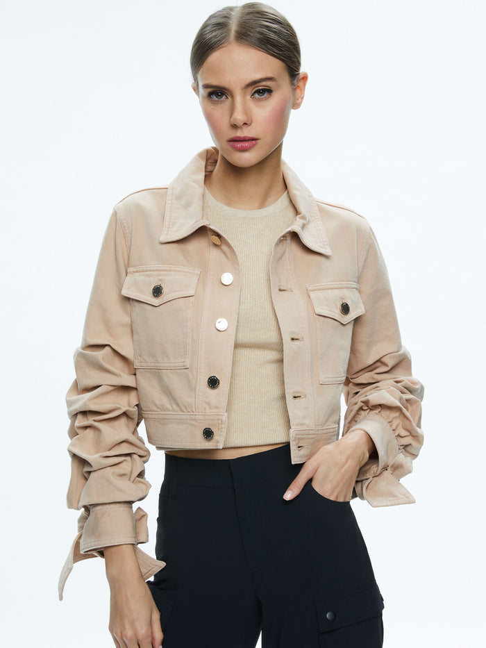 TIFF DENIM JACKET WITH BOW SLEEVE - ALMOND