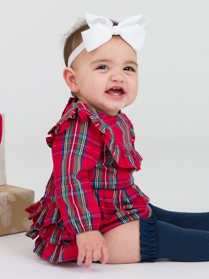 Tis the Season Plaid Ruffle Trim Bubble Romper