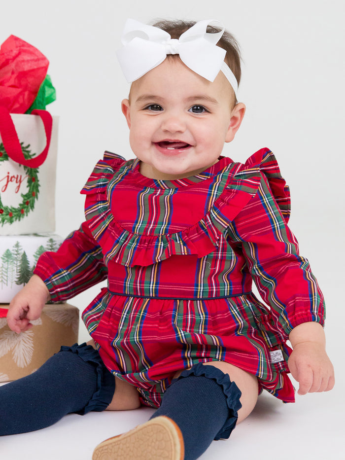 Tis the Season Plaid Ruffle Trim Bubble Romper