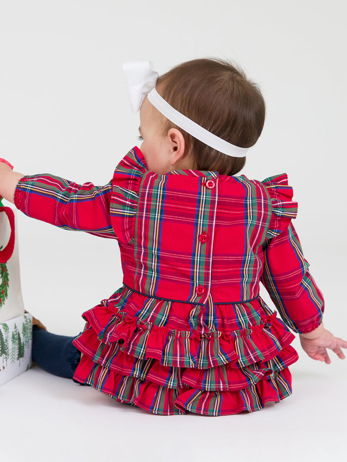 Tis the Season Plaid Ruffle Trim Bubble Romper