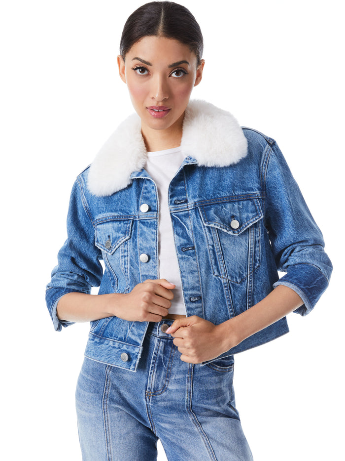 TOBIAS CROPPED DENIM JACKET WITH FAUX FUR - PASADENA BLUE