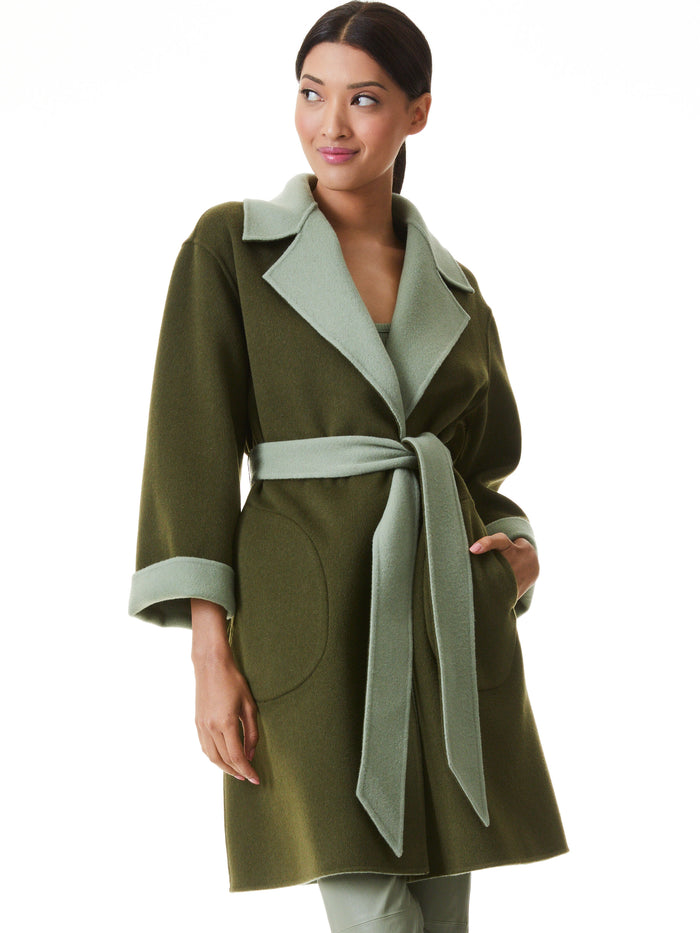 TOMIKO REVERSIBLE BELTED COAT - SAGE/OLIVE