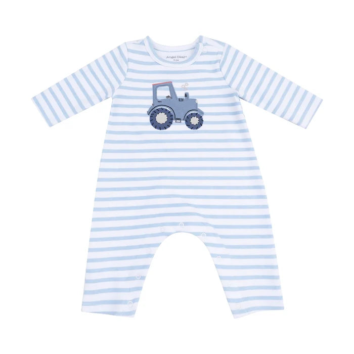 Tractor Applique Long Sleeve Snap Shoulder Romper