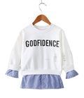 White-Blue Godfidence Ruffle Girl Sweatshirt